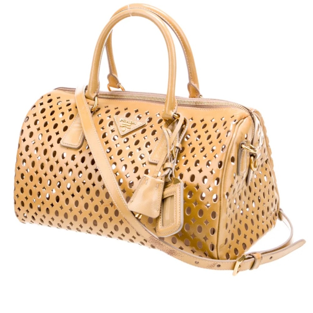 AUTH Prada Beige Perforated Leather Satchel